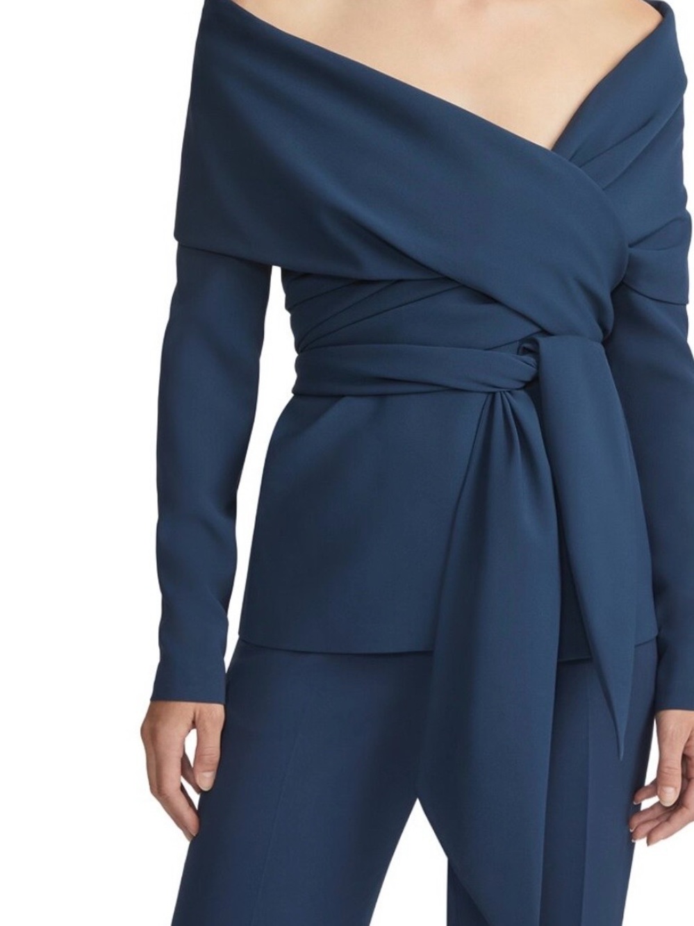 Lafayette 148 Off-Shoulder Portrait Collar Sea Blue Wrap Jacket